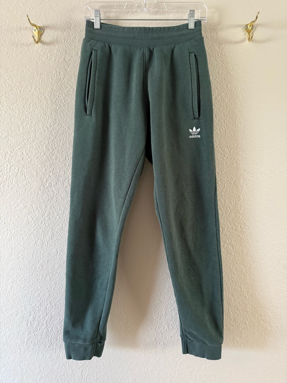 Adidas Originals Mens S Slim Fit Essential Fleece Joggers Green Zipper Pockets